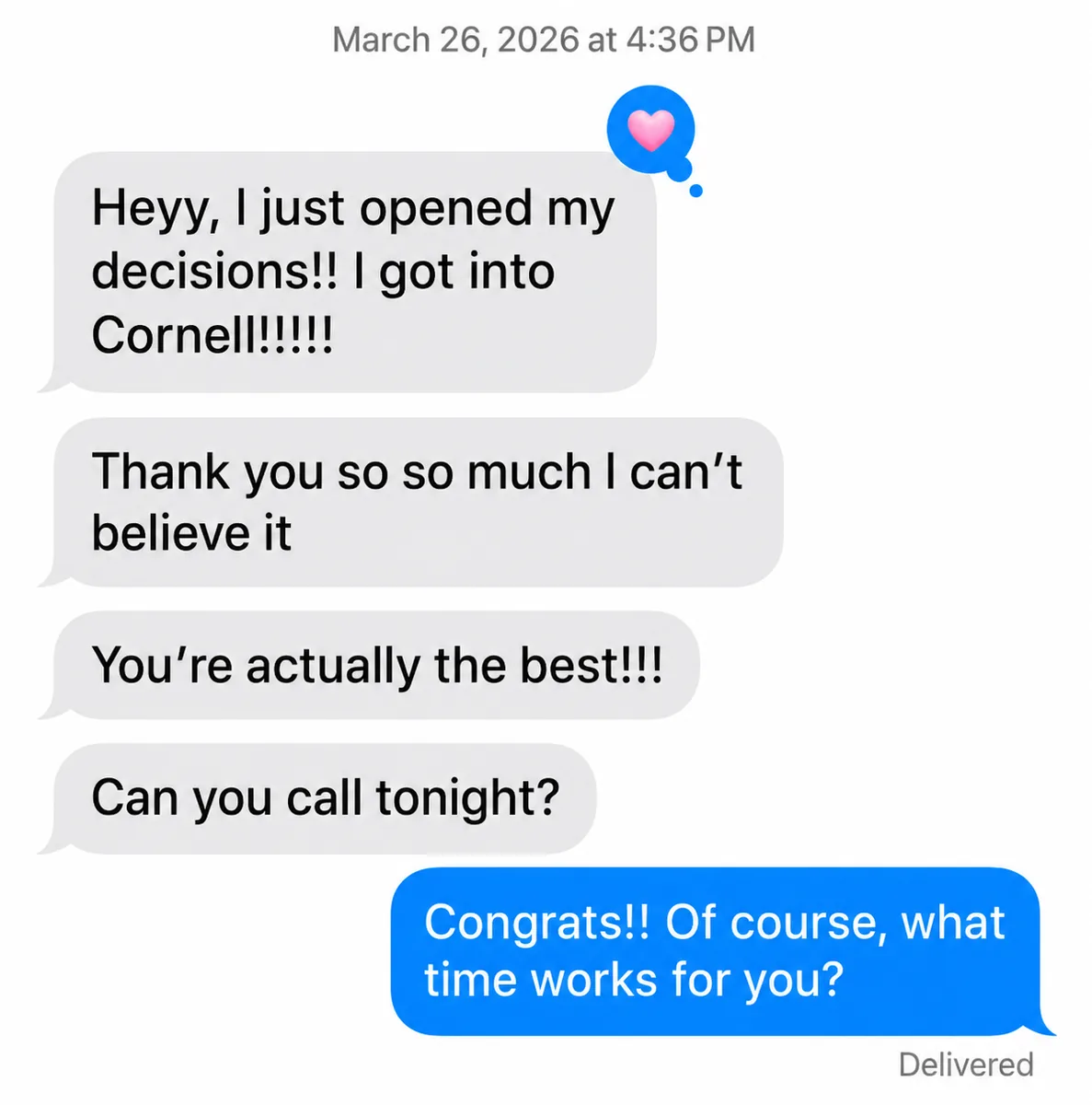 Text message from a student sharing their Cornell acceptance