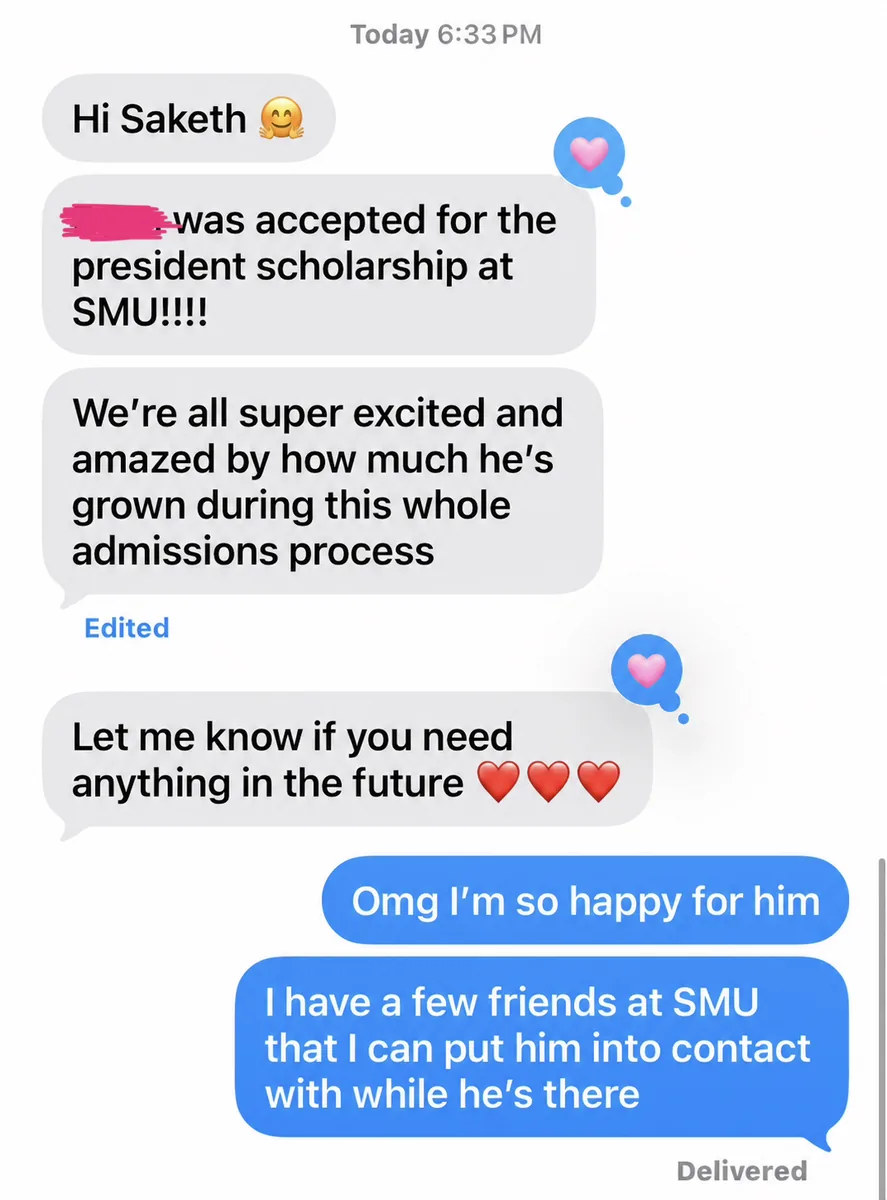 Message sharing a President's Scholarship at SMU