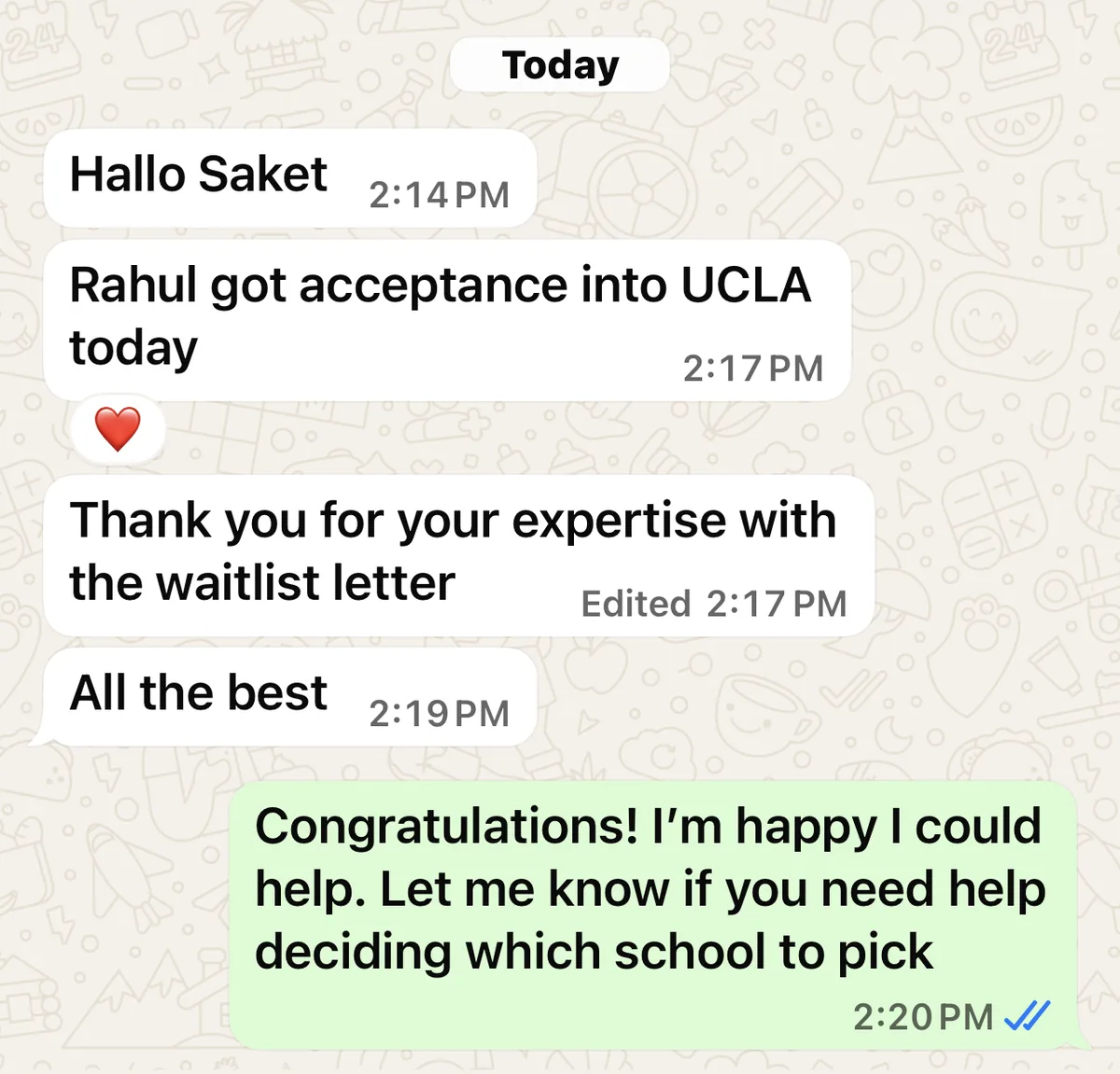 WhatsApp message about getting into UCLA off the waitlist