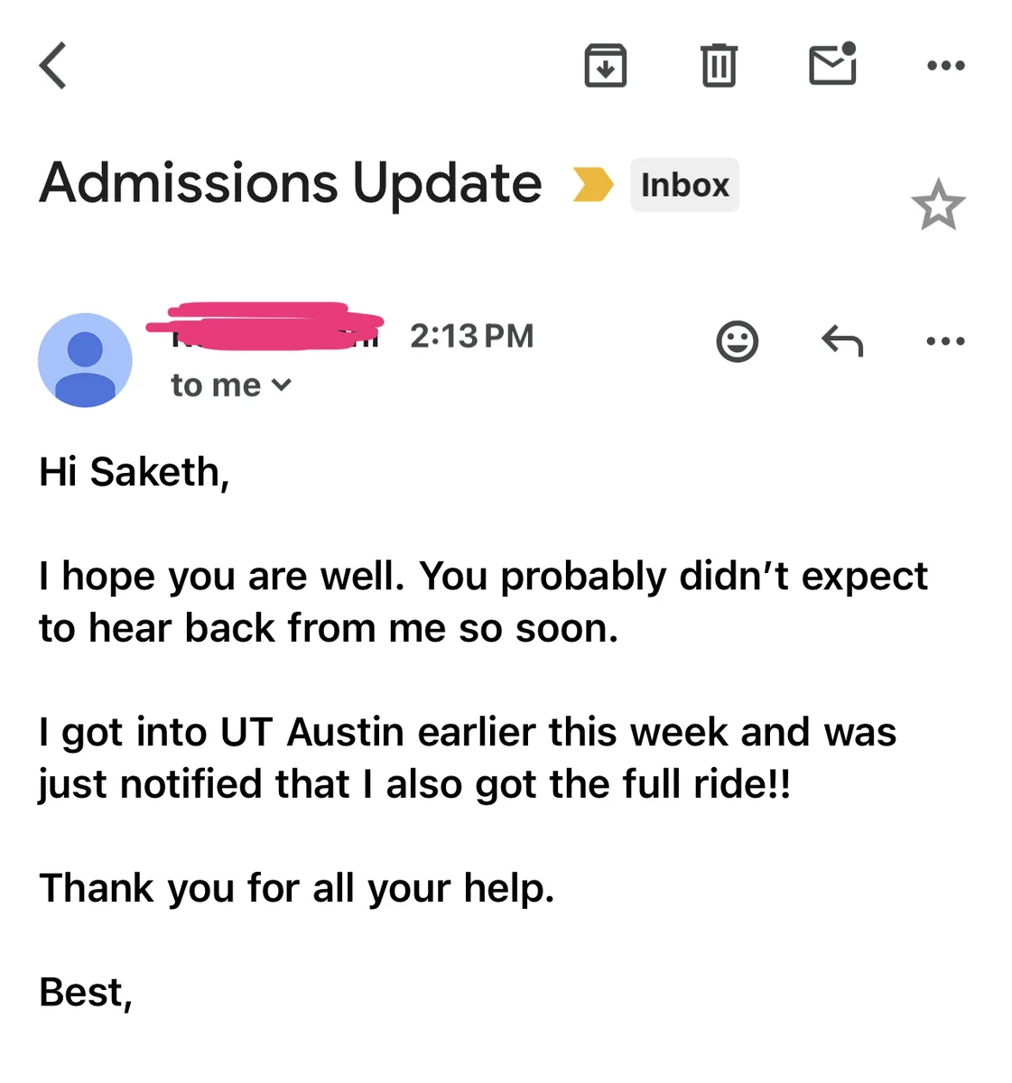 Email sharing acceptance to UT Austin with a full ride