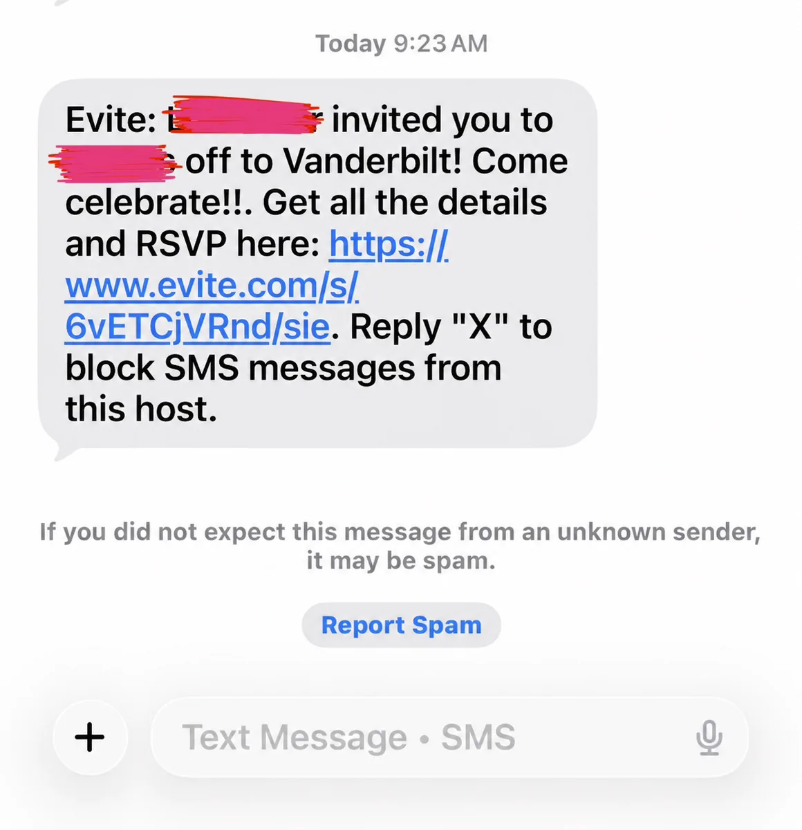 Evite invitation to a celebration for a student heading to Vanderbilt